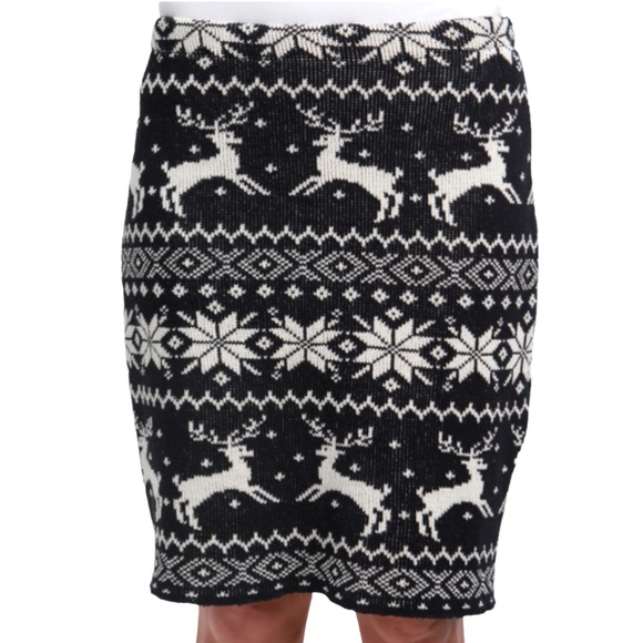 Green 3 Black & White Sweater Knit Pencil Skirt Reindeer Sz Small Made in USA - Picture 1 of 8